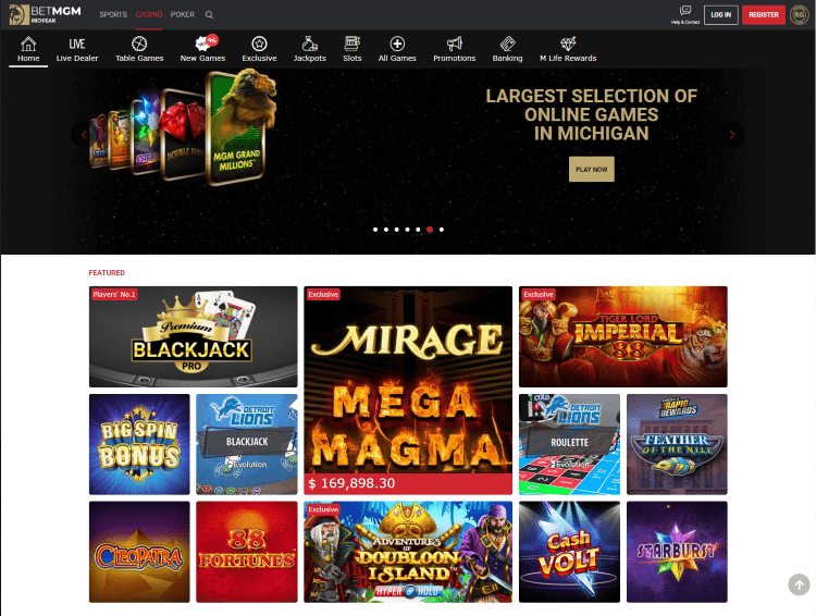 BetMGM Michigan casino desktop version with featured online games.